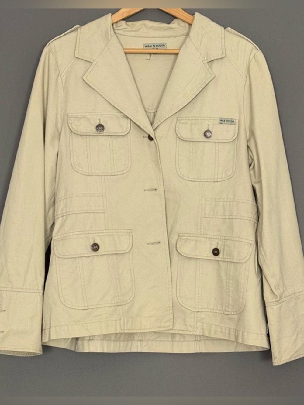 vintage Y2K Max Studio Jeans Women Beige Cotton Utility Safari Jacket XL